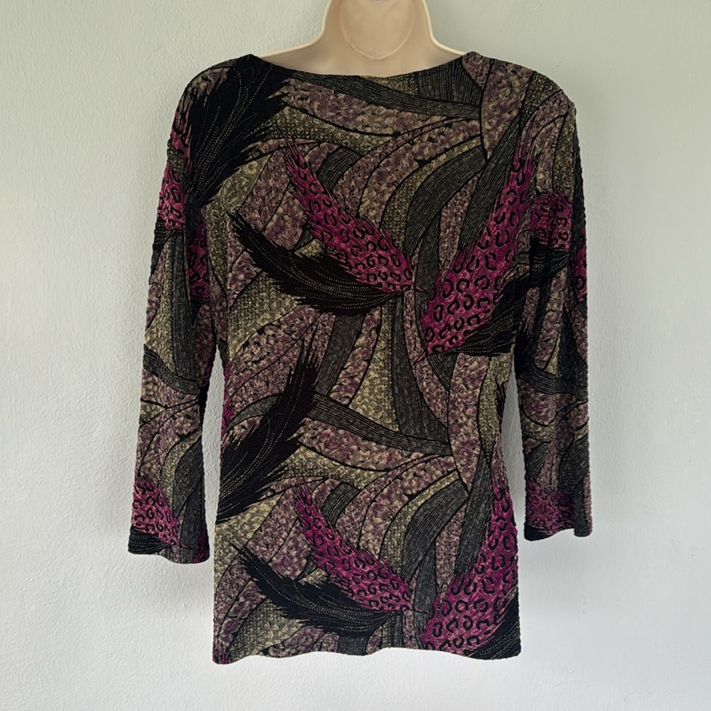 Vintage JM Collection petite purple leopard feather abstract print top small - Picture 8 of 10